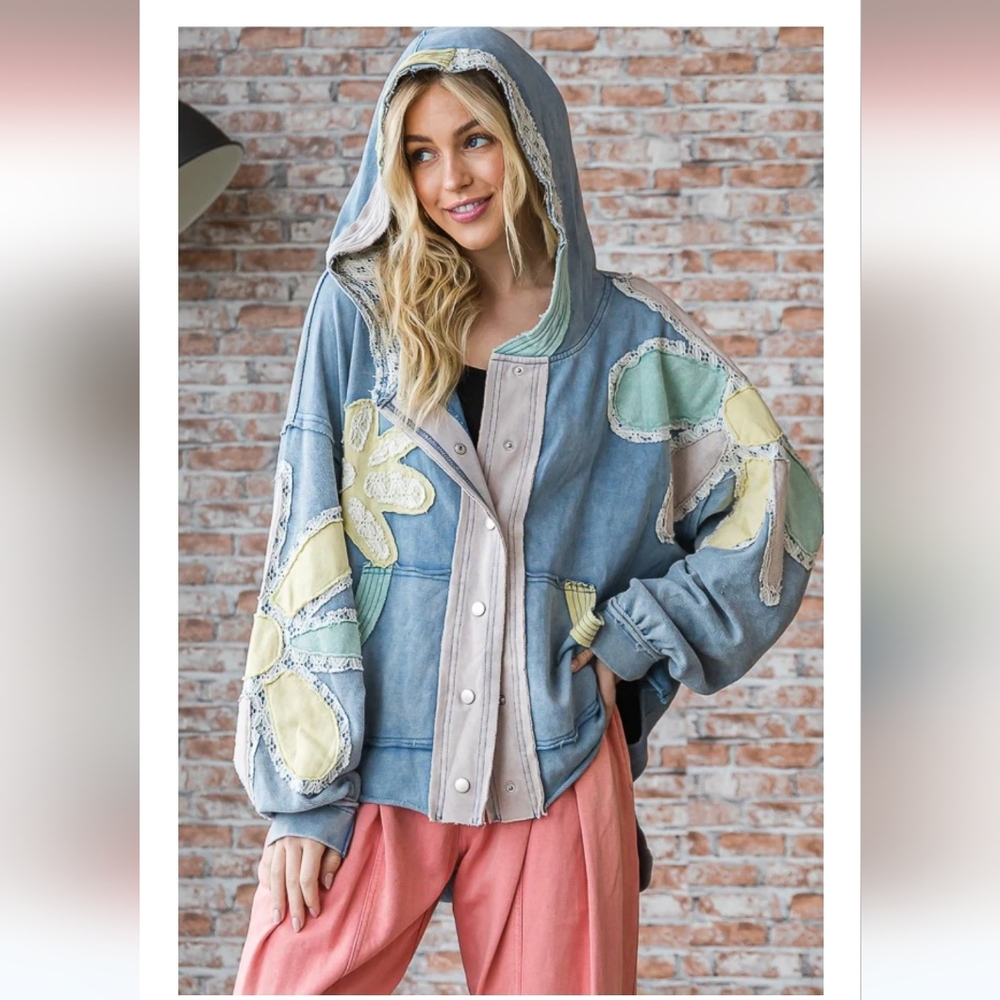 Mauve Washed Patch Detail Pullover Hoodie